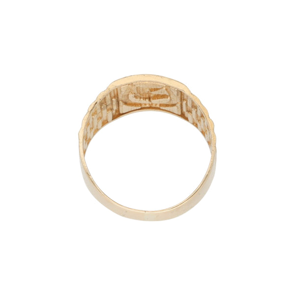 Anillo diseño especial motivo ecuestre en oro dos tonos 14 kilates.