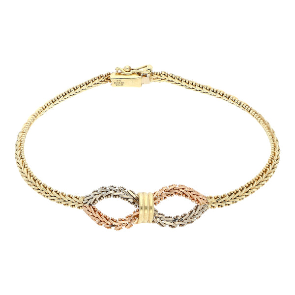 Pulsera eslabón boleado en oro tres tonos 14 kilates.