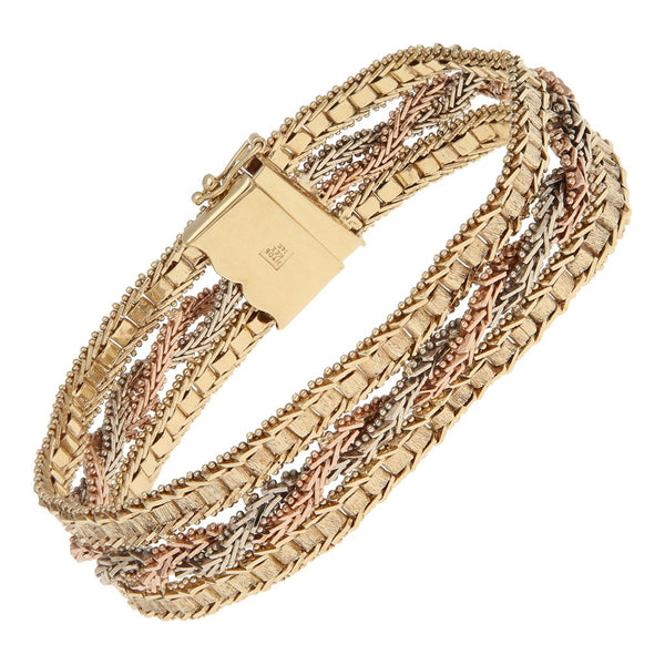Pulsera eslabón boleado en oro tres tonos 14 kilates.