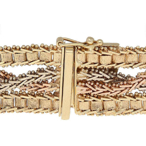 Pulsera eslabón boleado en oro tres tonos 14 kilates.