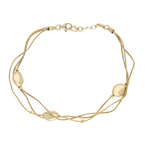 Pulsera de tres hilos eslabón tejido con aplicaciones en oro amarillo 14 kilates.