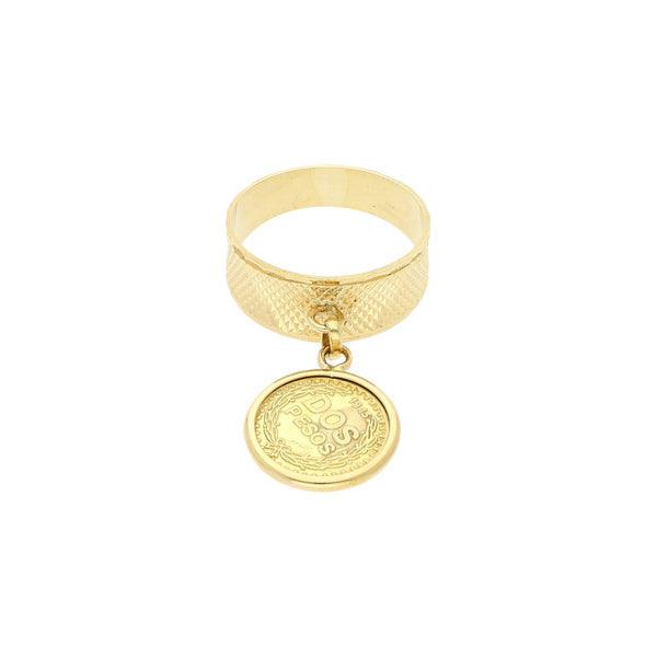 Anillo diseño especial con colgante motivo replica de moneda en oro amarillo 14 kilates.