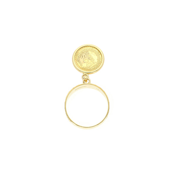 Anillo diseño especial con colgante motivo replica de moneda en oro amarillo 14 kilates.