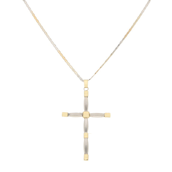 Collar nudo marino y cruz hueca platinada en oro dos tonos 14 kilates.