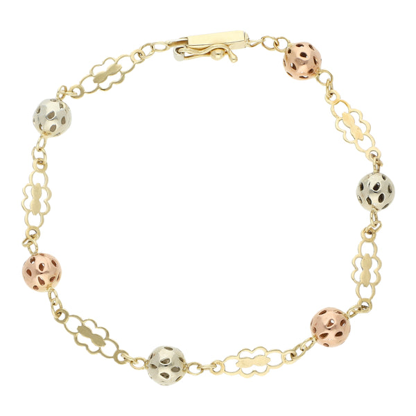 Pulsera eslabón calado en oro tres tonos 14 kilates.