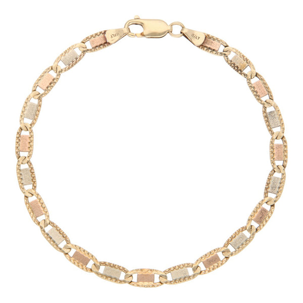 Pulsera eslabón nudo marino en oro tres tonos 14 kilates.