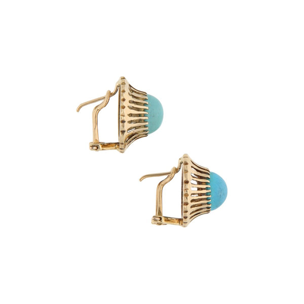 Aretes calados con turquesas en oro amarillo 14 kilates.