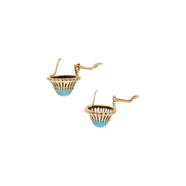 Aretes calados con turquesas en oro amarillo 14 kilates.