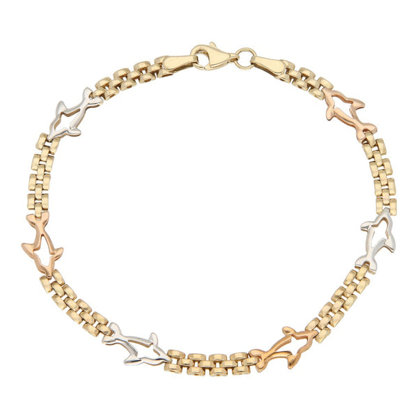 Pulsera eslabón combinado motivo delfín en oro tres tonos 14 kilates.