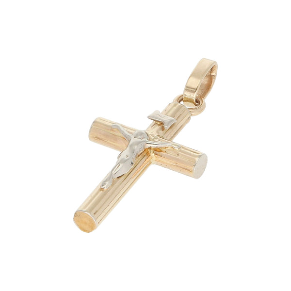 Crucifijo diseño especial en oro dos tonos 14 kilates.
