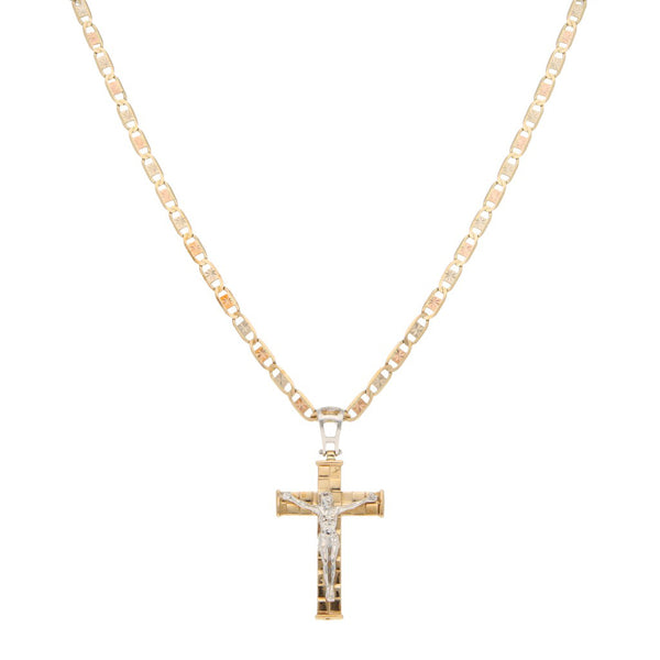 Collar eslabón nudo marino y crucifijo diseño especial en oro tres tonos 14 kilates.