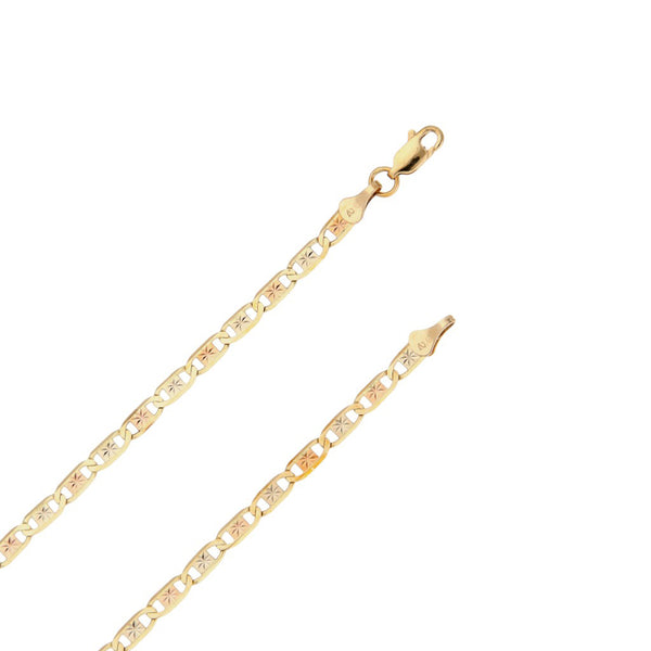 Collar eslabón nudo marino y crucifijo diseño especial en oro tres tonos 14 kilates.