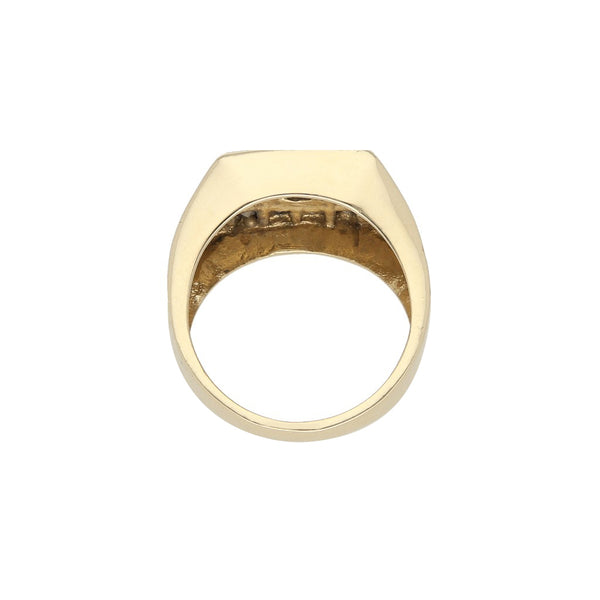 Anillo tipo sello con zafiro estrella y sintéticos en oro amarillo 14 kilates.