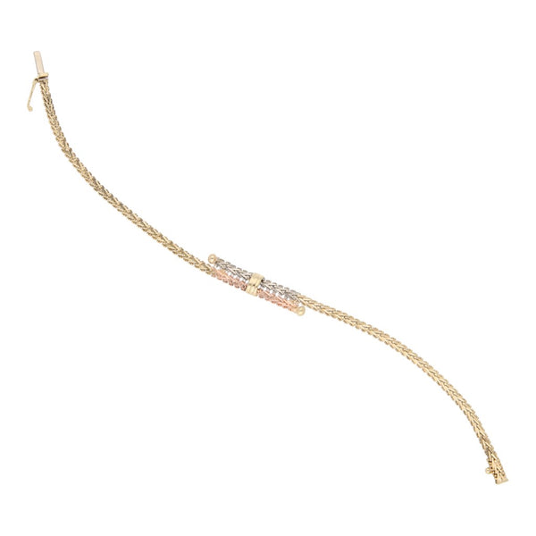 Pulsera eslabón boleado con aplicaciones en oro tres tonos 14 kilates.