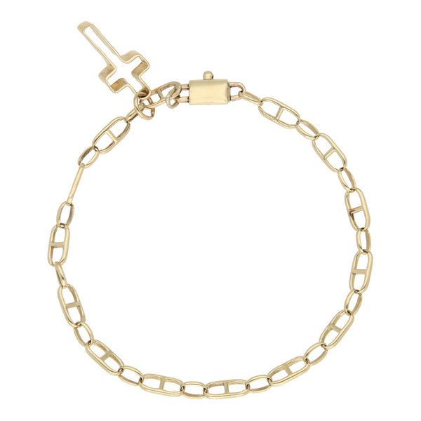 Pulsera eslabón combinado con colgante motivo cruz en oro amarillo 14 kilates.