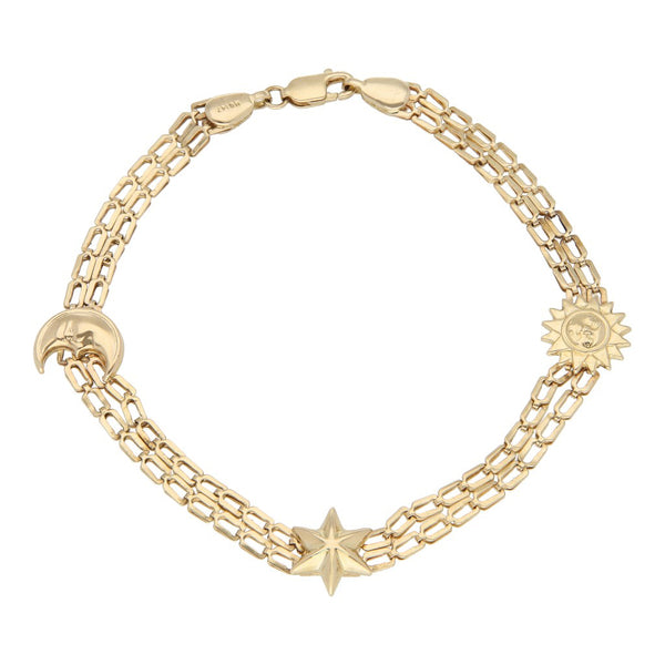 Pulsera de dos hilos eslabón encontrado con aplicaciones figuras diferentes en oro amarillo 14 kilates.