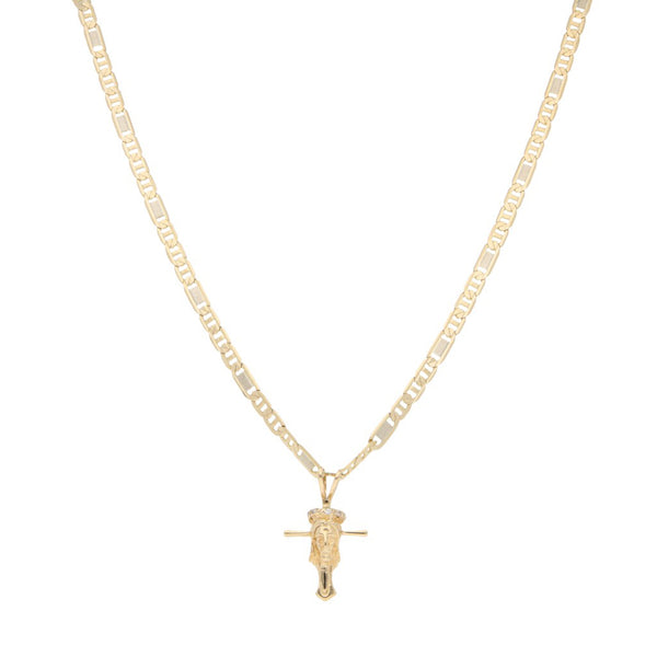 Collar eslabón nudo marino con medalla motivo Divino Rostro con circonias en oro amarillo 14 kilates.