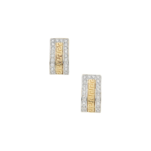 Aretes diseño especial motivo grecas con sintéticos en oro dos tonos 14 kilates.