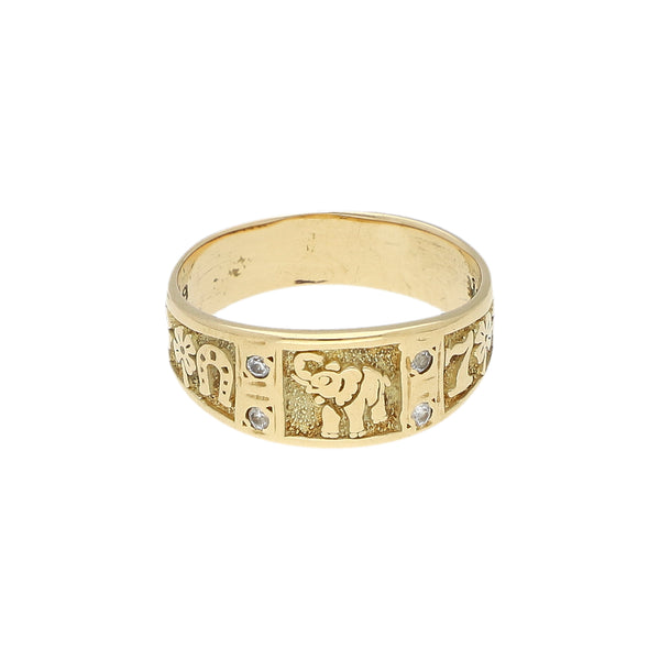 Anillo diseño especial con circonias en oro amarillo 14 kilates.