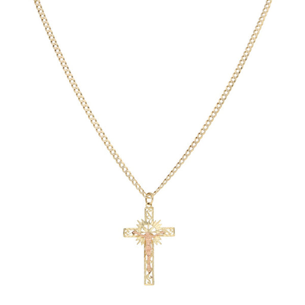 Collar eslabón barbado platinado y crucifijo calado en oro dos tonos 14 kilates.