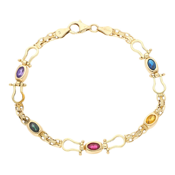 Pulsera eslabón articulado con sintéticos en oro amarillo 14 kilates.
