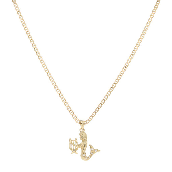 Collar eslabón nudo marino y dije diseño especial con circonias motivo sirena en oro amarillo 14 kilates.