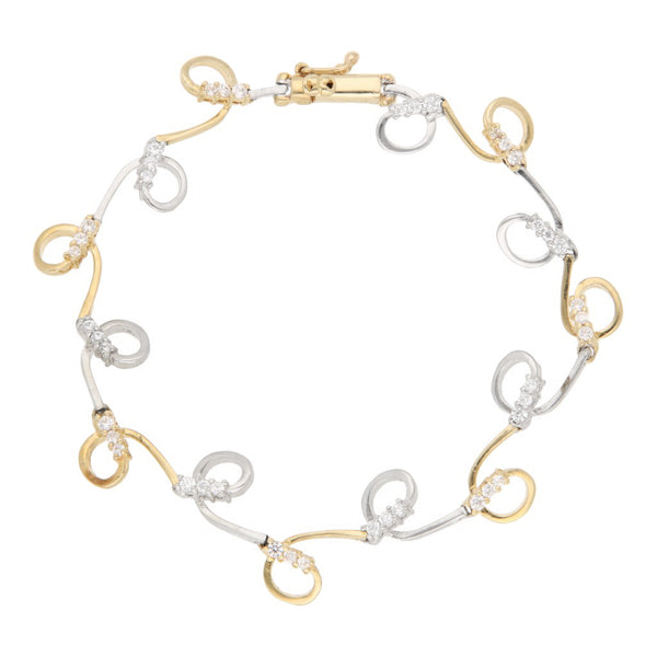 Pulsera eslabón articulado con sintéticos en oro dos tonos 14 kilates.