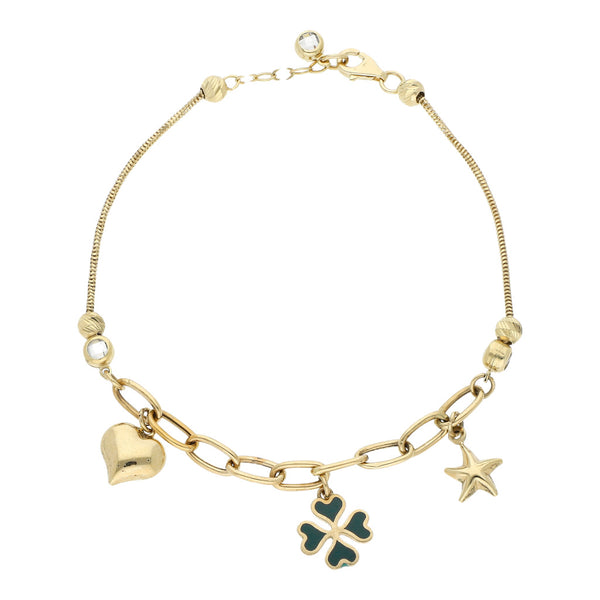 Pulsera eslabón combinado con aplicaciones, sintéticos y colgantes en oro amarillo 14 kilates.