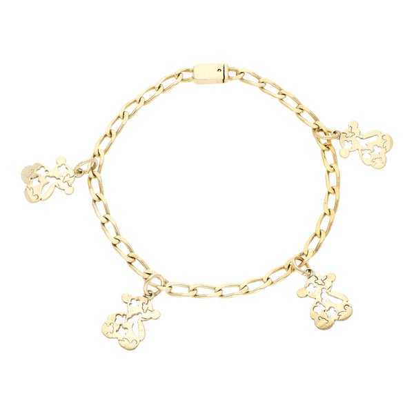 Pulsera eslabón encontrado con colgantes motivo osos en oro amarillo 14 kilates.