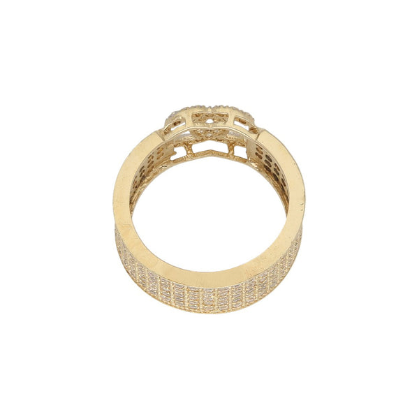 Anillo calado motivo doble c con sintéticos en oro amarillo 14 kilates.