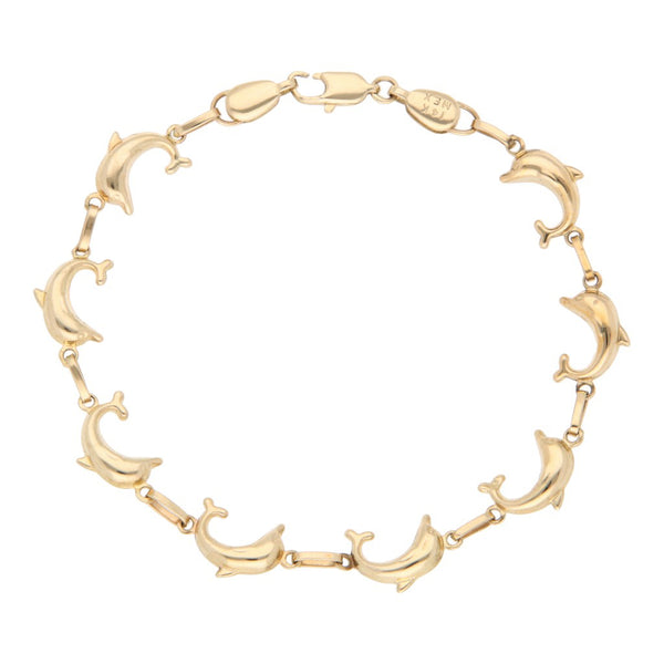Pulsera eslabón articulado motivo delfín en oro amarillo 14 kilates.