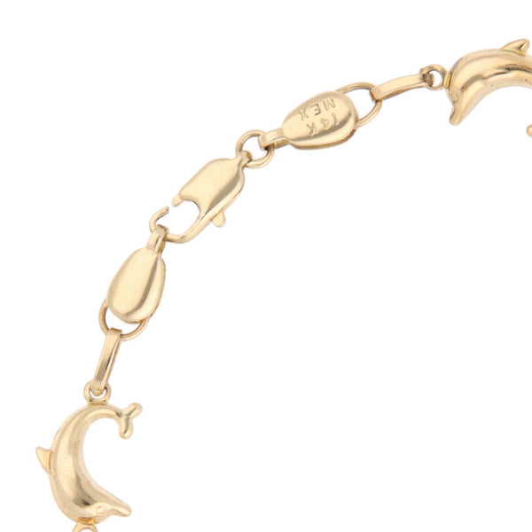Pulsera eslabón articulado motivo delfín en oro amarillo 14 kilates.
