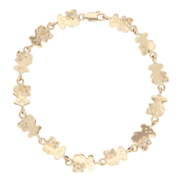 Pulsera eslabón articulado motivo osos con circonias en oro amarillo 14 kilates.
