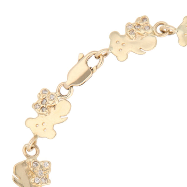 Pulsera eslabón articulado motivo osos con circonias en oro amarillo 14 kilates.