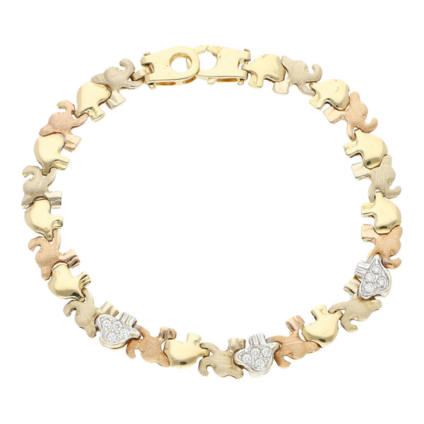 Pulsera eslabón laminado motivo elefantes con circonias en oro tres tonos 14 kilates.