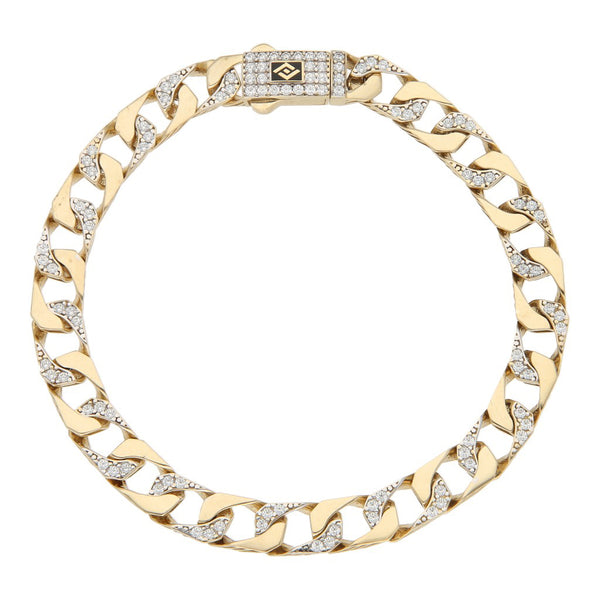 Pulsera eslabón barbado con sintéticos en oro amarillo 14 kilates.