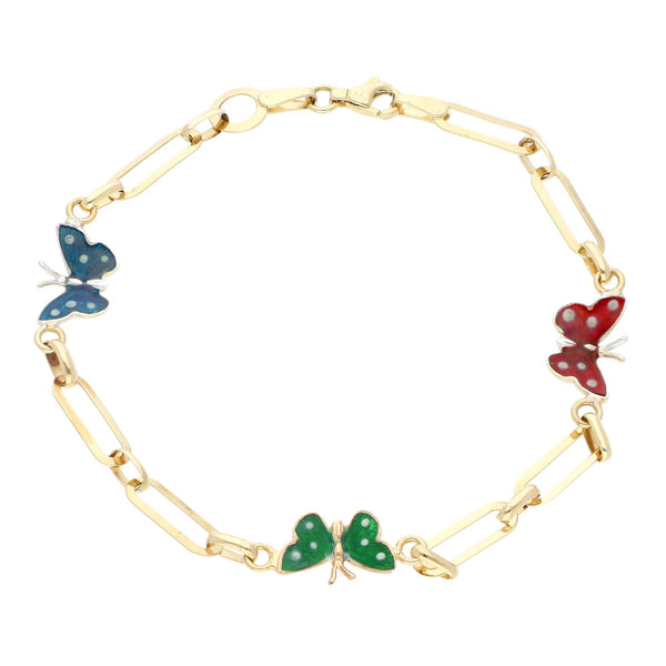 Pulsera eslabón cruzado con aplicaciones motivo mariposas de esmalte en oro tres tonos 14 kilates.
