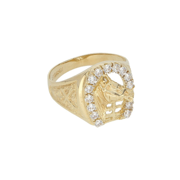 Anillo diseño especial motivo caballo con sintéticos en oro amarillo 14 kilates.