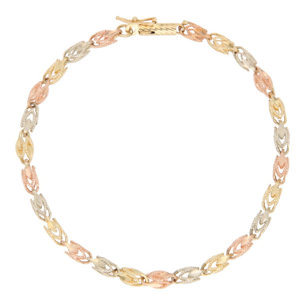Pulsera eslabón calado en oro tres tonos 14 kilates.