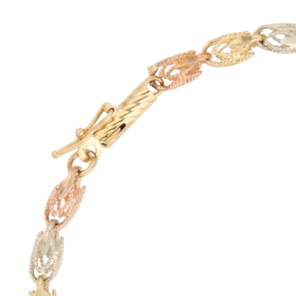 Pulsera eslabón calado en oro tres tonos 14 kilates.