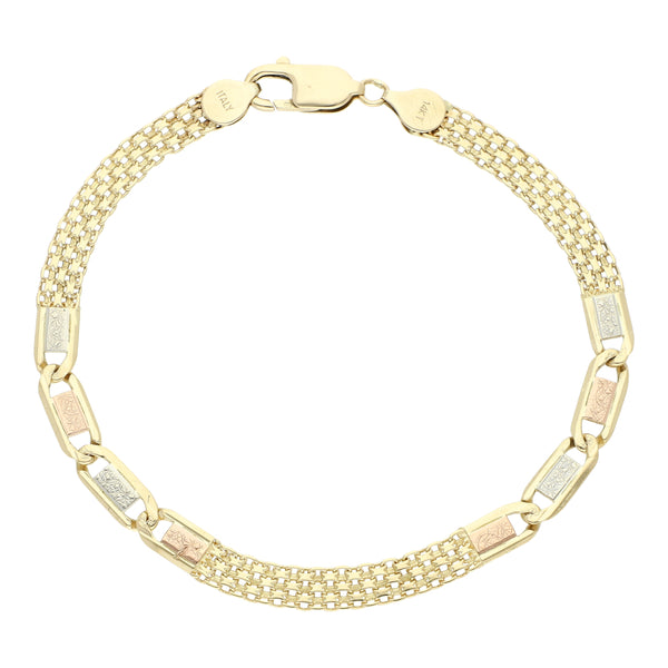 Pulsera eslabón combinado en oro tres tonos 14 kilates.