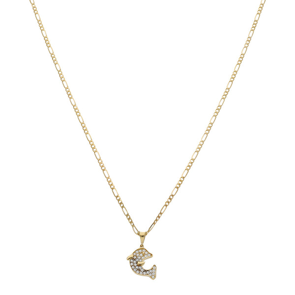 Collar de tres eslabones por uno y dije diseño especial con sintéticos motivo delfín en oro amarillo 14 kilates.