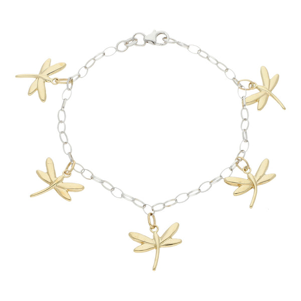 Pulsera eslabón cruzado con colgantes motivo libélula en oro dos tonos 14 kilates.