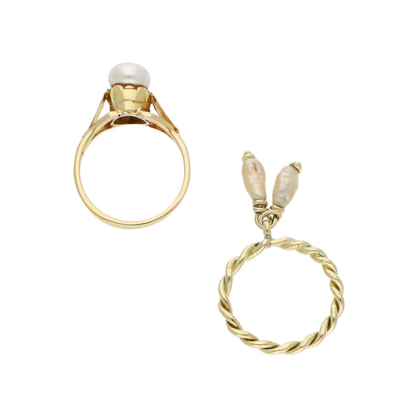 Dos anillos diseño especial con perlas en oro amarillo 14 kilates.