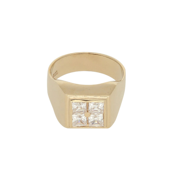 Anillo tipo sello con sintéticos en oro amarillo 14 kilates.