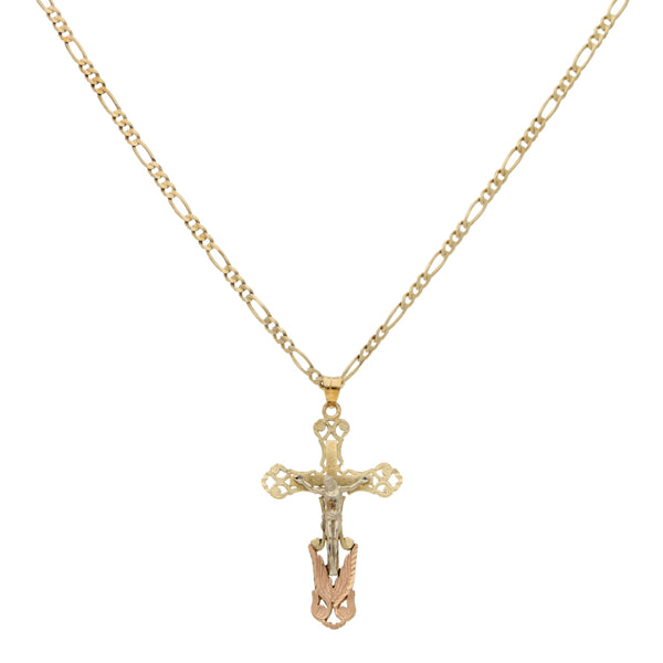 Collar de tres eslabones por uno y crucifijo en oro tres tonos 14 kilates.