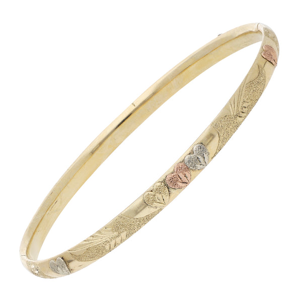 Pulsera de arillo articulada motivo corazones en oro tres tonos 14 kilates.