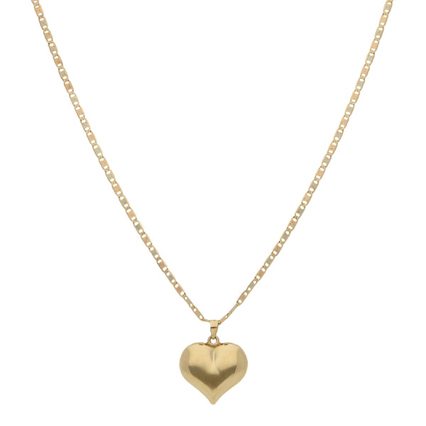 Gargantilla eslabón nudo marino y dije liso motivo corazón en oro tres tonos 14 kilates.
