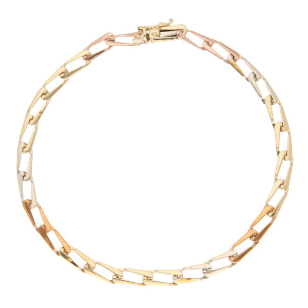 Pulsera eslabón encontrado en oro tres tonos 14 kilates.