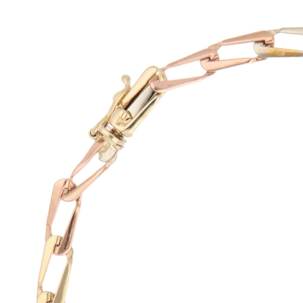 Pulsera eslabón encontrado en oro tres tonos 14 kilates.